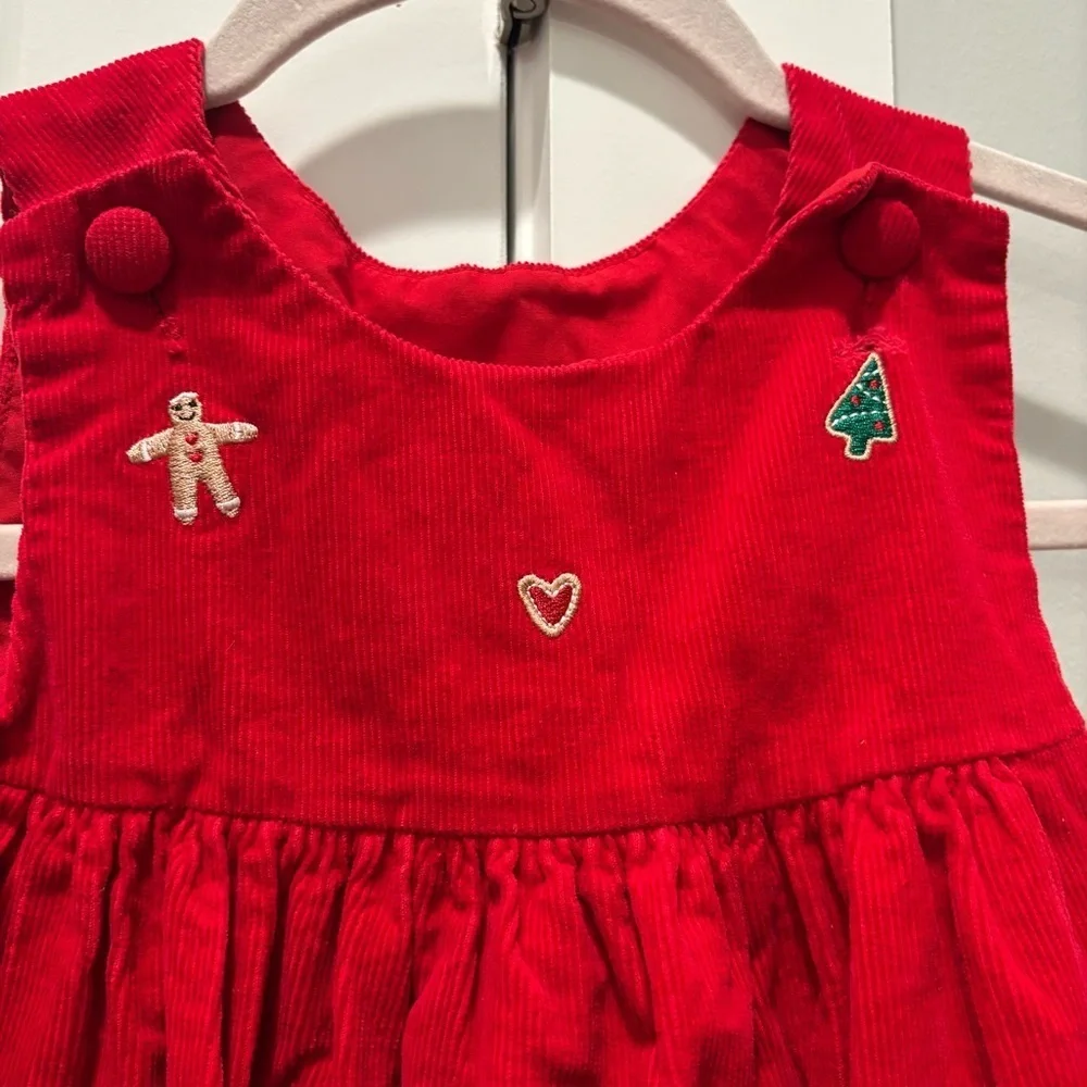 Corduroy Girls Red Dress Embroidered Gingerbread Men Christmas Trees